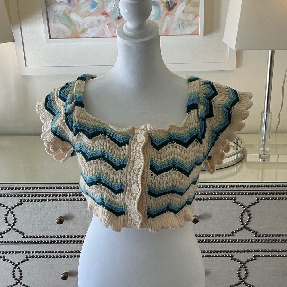 Chevron Knit Ruffled Cardigan in Cream and Blue